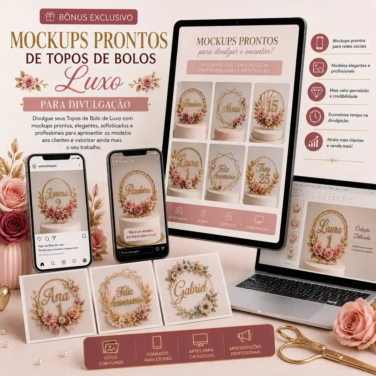 Mockups Prontos de Topos de Bolos Luxo para Divulgação