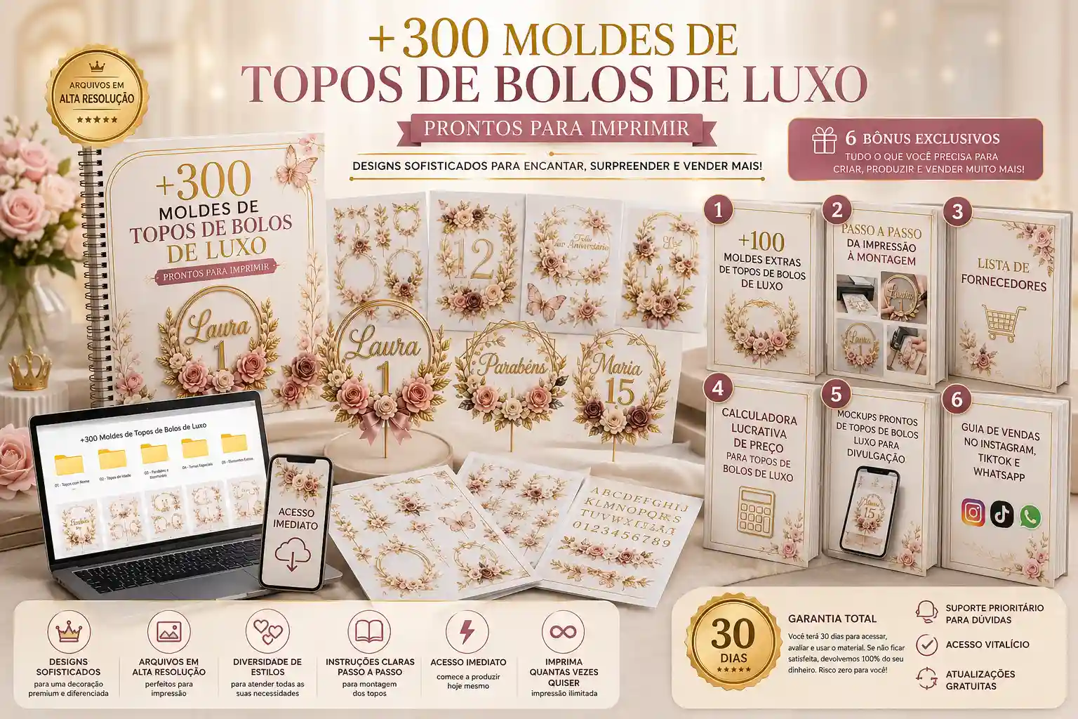 Pacote completo: +300 moldes de topos de bolos de luxo com 6 bônus exclusivos