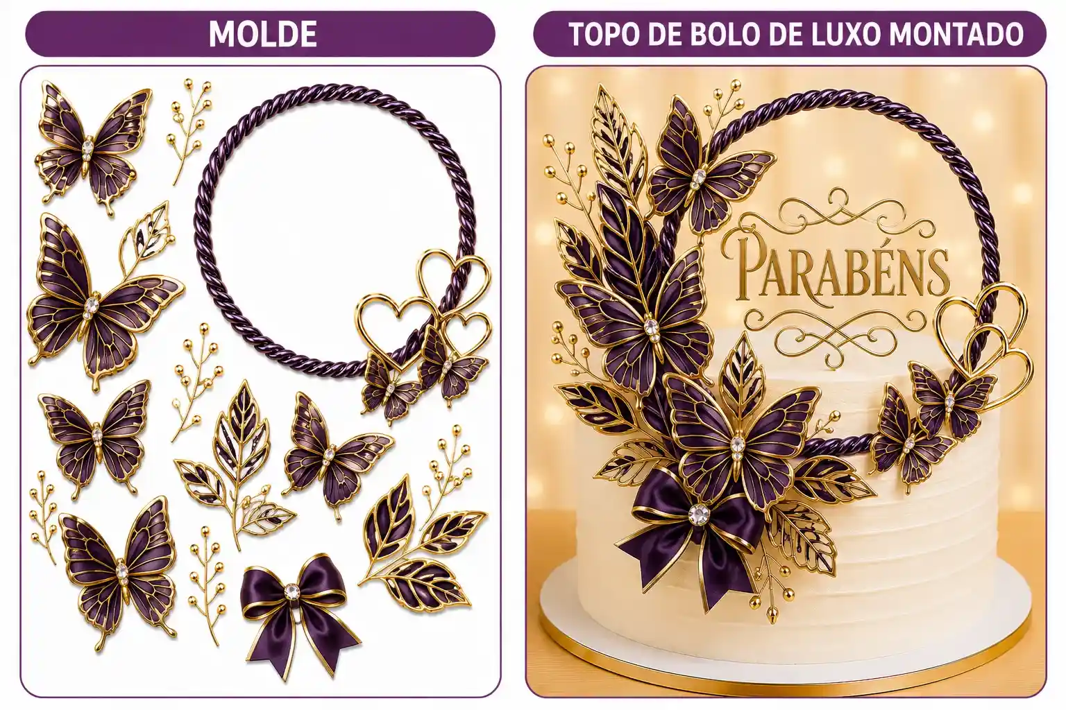 Molde de topo de bolo de luxo roxo com borboletas douradas e o topo montado