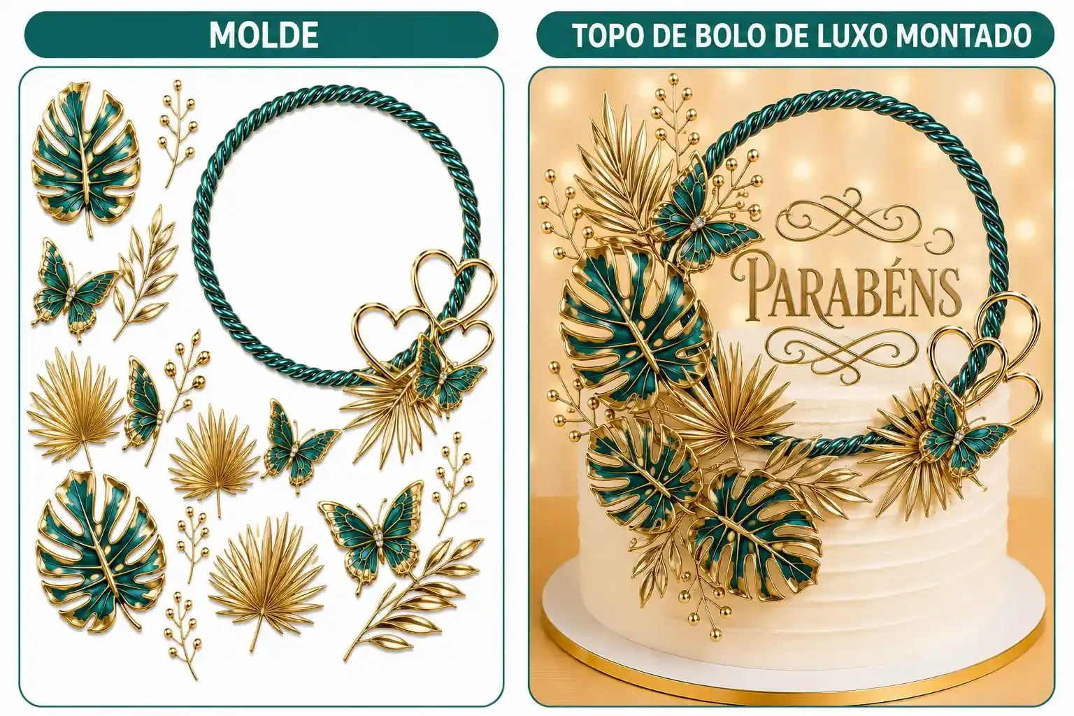 Molde de topo de bolo de luxo verde esmeralda com folhas douradas e o topo montado