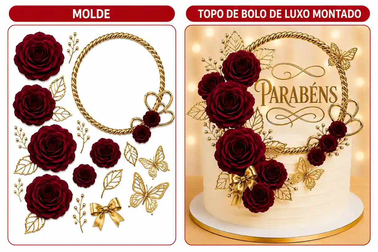 Molde de topo de bolo de luxo com rosas vinho e detalhes dourados e o topo montado