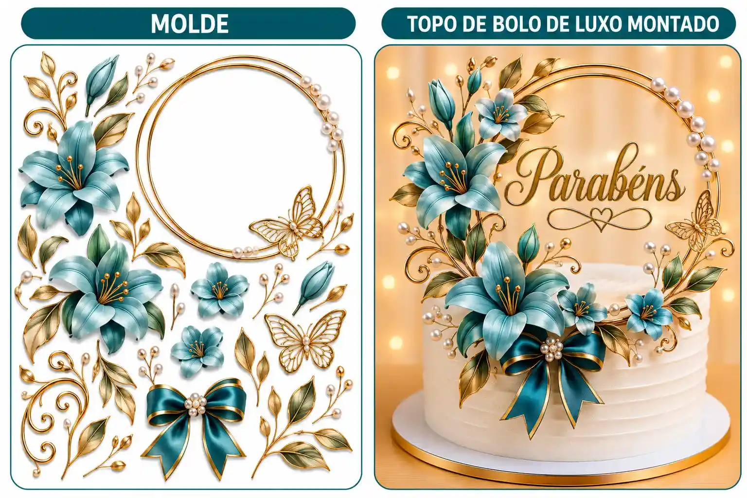 Molde de topo de bolo de luxo com lírios azuis e detalhes dourados e o topo montado
