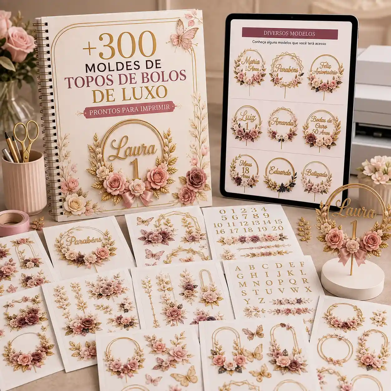 Mockup do produto principal: +300 moldes de topos de bolos de luxo